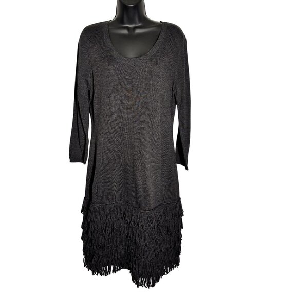 Calvin Klein Charcoal Gray Long Sleeve Dress With Fringe Hem Detail - Picture 1 of 8